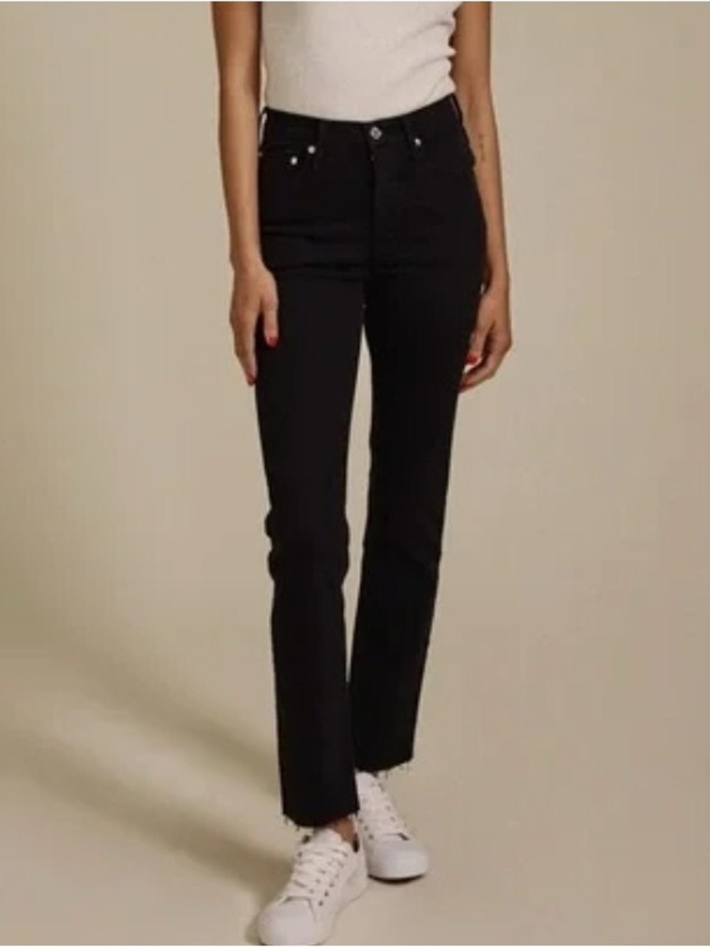 Edwin Jet Black Stretch Jeans Mid Rise Straight Leg Raw Hem 27 Made in USA Denim